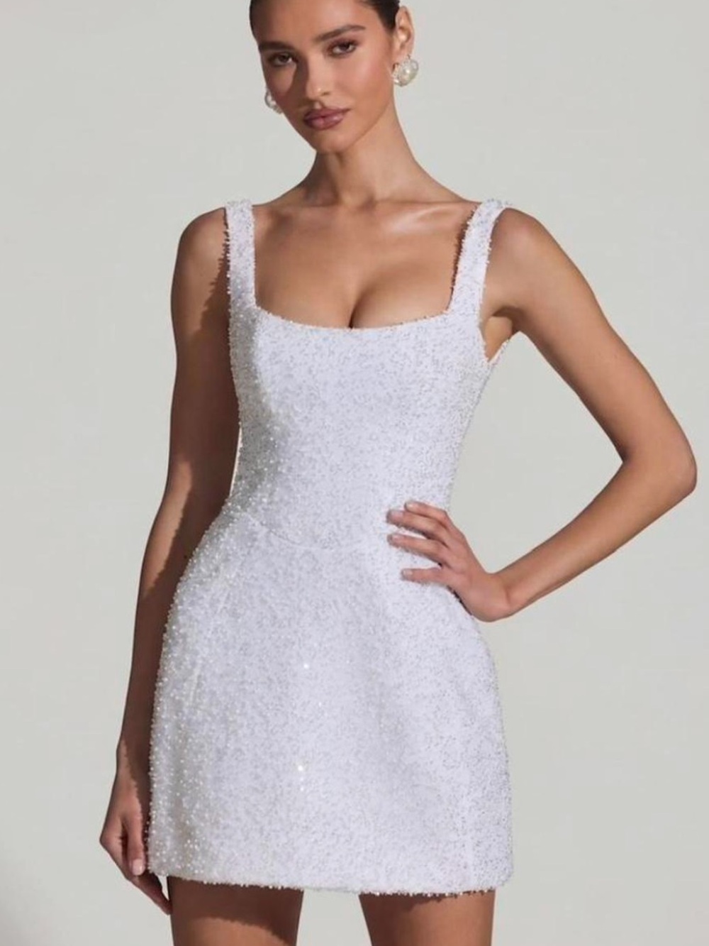 Oh Polly White Beaded Square Neck Mini Dress